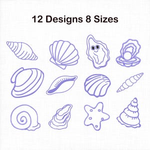Può includere: Una collezione di 12 disegni di conchiglie in 8 dimensioni, delineati in viola. L'immagine include varie forme di conchiglie, come conchiglie, capesante, ostriche e una stella marina. Il testo in alto recita "12 Designs 8 Sizes."