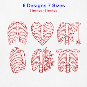 May include: Six red line art designs of human rib cages on a white background. The text reads 6 Designs 7 Sizes and 2 inches - 6 inches. The rib cages feature variations including a heart shape, a spider web with a spider, and floral rose accents.