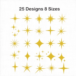 May include: A collection of 25 gold star designs in various shapes and sizes. The text "25 Designs 8 Sizes" is displayed at the top. The stars range from simple four-pointed shapes to more complex, multi-pointed designs.