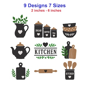 Pode incluir: Nove designs de bordado com tema de cozinha, incluindo uma jarra, potes com as etiquetas Sugar, Coffee e Tea, tigelas empilhadas, um bule, a palavra KITCHEN, tábuas de corte, um rolo de massa e utensílios. Texto 9 Designs 7 Sizes.