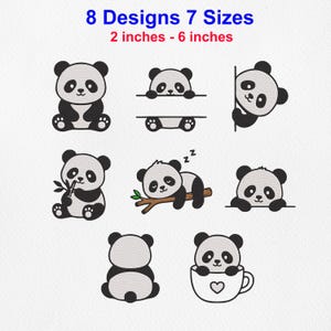 Op de afbeelding: Acht zwart-witte panda borduurontwerpen in zeven maten variërend van 5,08 cm tot 15,24 cm. De illustraties tonen panda's die zitten, slapen op een tak, achter een lijn vandaan kijken en in een kopje met een hartje zitten.