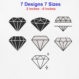 Op de afbeelding: Zeven diamantvormige borduurontwerpen in diverse stijlen, waaronder volledig zwart, omlijnd en gespleten versies. De tekst bovenaan luidt 7 Designs 7 Sizes en 5,08 cm - 15,24 cm. Deze grafische illustraties tonen geometrische facetten.