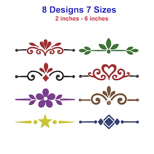 May include: Eight embroidery designs in seven sizes ranging from 2 inches to 6 inches. The collection features decorative horizontal dividers including red floral, green leaf, black and red heart, purple flower, brown scroll, yellow star, and blue diamond motifs.
