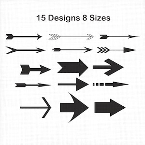 May include: A collection of black arrow designs in various styles and sizes. The image displays 15 different arrow designs, with the text "15 Designs 8 Sizes" at the top. The arrows vary in thickness, shape, and detailing, all pointing to the right.