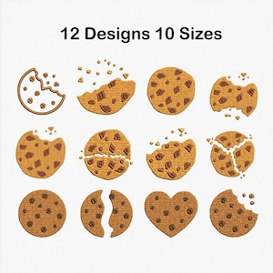 Puede incluir: Un conjunto de diseños de bordado con 12 variaciones de galletas con chispas de chocolate en 10 tamaños. Las galletas marrones muestran diferentes estados, incluyendo enteras, rotas, en forma de corazón y mordidas, con trozos de chocolate.