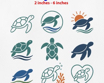 May include: A digital collection of 9 turtle designs in 7 sizes ranging from 2 inches to 6 inches. The graphics feature various sea turtle illustrations in shades of blue and green, including turtles with waves, a sun, coral, and a heart shape.