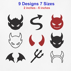 Puede incluir: Una colección de nueve diseños de bordado con temática de diablo que incluye iconos negros, rojos y blancos como caras con cuernos, una cola, un tridente y alas. El texto superior dice 9 Designs 7 Sizes y 2 inches - 6 inches.