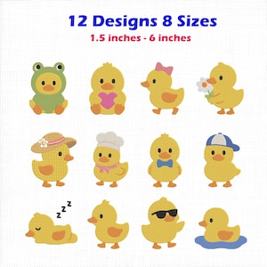 May include: A collection of 12 embroidery designs featuring yellow ducklings in various outfits and poses, including a frog costume, a chef hat, and sunglasses. The text reads 12 Designs 8 Sizes and 1.5 inches - 6 inches on a white background.