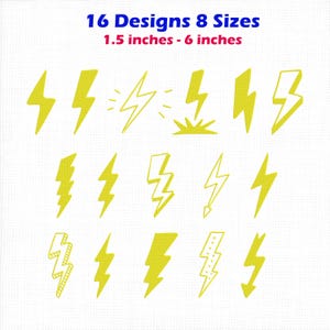 May include: A collection of 16 yellow lightning bolt designs in various shapes and styles, arranged in three rows. The text at the top reads 16 Designs 8 Sizes and 1.5 inches - 6 inches. Each bolt features a distinct outline or solid yellow fill.