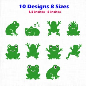 Könnte beinhalten: Eine Sammlung von 10 grünen Frosch-Stickmustern in 8 Größen von 3,8 cm bis 15,2 cm. Die Frösche sind in verschiedenen Posen dargestellt, darunter sitzend, schlafend mit Zs, springend und zwinkernd, alle in einer soliden grünen Farbe.