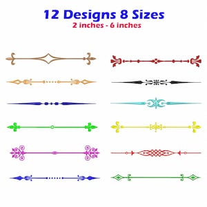 May include: A collection of 12 decorative horizontal line designs in various colours including brown, red, black, blue, green, yellow, and purple. The text 12 Designs 8 Sizes and 2 inches - 6 inches is displayed at the top of the image.