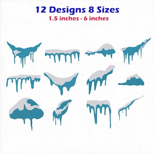 Könnte beinhalten: Zwölf digitale Stickmotive von blauen Eiszapfen mit weißer Schneeschicht in verschiedenen Formen und Längen. Der Text oben lautet 12 Designs 8 Sizes und 1.5 inches - 6 inches und gibt die verfügbare Vielfalt sowie die Maße an.