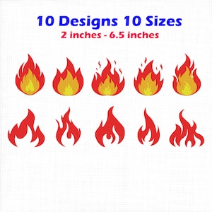 May include: A digital collection of 10 fire flame designs in 10 sizes ranging from 2 inches to 6.5 inches. The top row features five flame icons with yellow centers and red outlines, while the bottom row displays five solid red flame silhouettes.