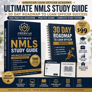 May include: An image of a navy blue study guide and spiral-bound notebook, both titled "Ultimate NMLS Study Guide" and "30 Day Roadmap to Loan Officer Success." The image includes practice exams, icons, and the text "American Loan Officer Academy."