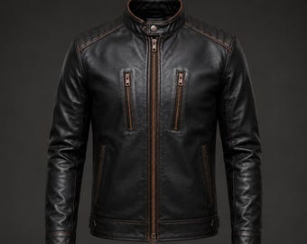 Men's Distressed Black Leather Cafe Racer Biker Jacket Genuine