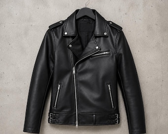 Mens Real Cowhide Biker Jacket | Black and Brown Leather Motorcycle Jacket | Vintage Brando Biker Coat with Buckles