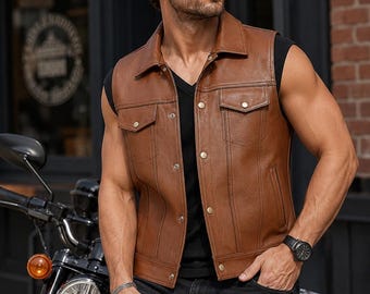Men's Genuine Leather Vest | Western Biker Sleeveless Waistcoat for Men
