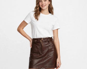 Leather Mini Skirt with Belt | High Waist Patch Pocket Skirt Women | Genuine Leather A-Line Mini Skirt