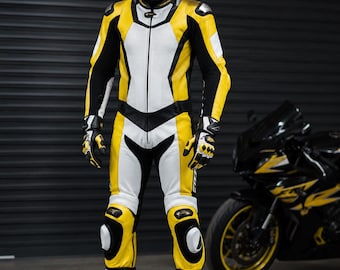 Herren Gelb Weiß Schwarz 1-teiliger Rennanzug aus Rindsleder | ARJ Perforierte CE Rüstung Track Day Moto Suit | S-5XL Custom