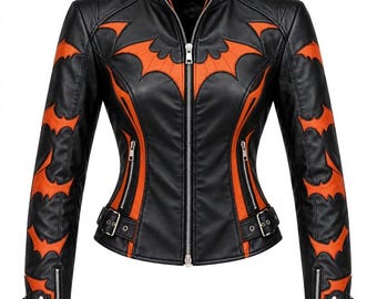 Gothic Bat Print Leather Jacket – 100% Genuine Cowhide, Moto Biker Style