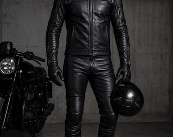 Mens Black Leather Motorcycle Suit - 2 Piece Biker Suit - Cafe Racer Leather Jacket and Pants Set - Real Cowhide Moto Racing Suit