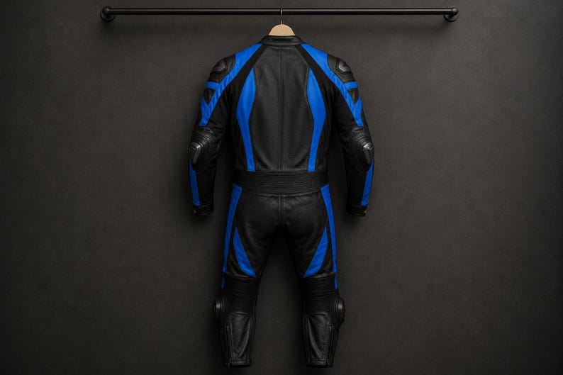 May include: A black and blue leather motorcycle racing suit featuring protective armor panels on the shoulders, elbows, and knees. The one-piece garment displays a color-blocked design with blue accents running along the arms, torso, and legs.