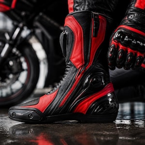 K&ouml;nnte beinhalten: Ein schwarz-roter Motorradstiefel mit verst&auml;rkten Schutzpaneelen, einer eleganten Lederkonstruktion und einem strukturierten Kn&ouml;chelst&uuml;tzsystem. Der Stiefel verf&uuml;gt &uuml;ber eine strapazierf&auml;hige Sohle und integrierte Hartschalenprotektoren.