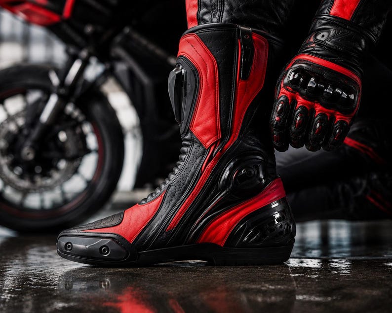 K&ouml;nnte beinhalten: Ein schwarz-roter Motorradstiefel mit verst&auml;rkten Schutzpaneelen, einer eleganten Lederkonstruktion und einem strukturierten Kn&ouml;chelst&uuml;tzsystem. Der Stiefel verf&uuml;gt &uuml;ber eine strapazierf&auml;hige Sohle und integrierte Hartschalenprotektoren.