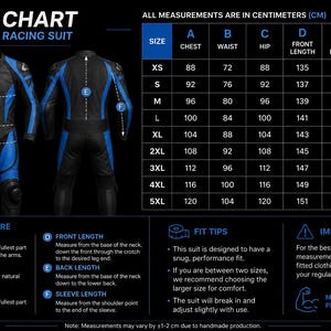 May include: A black and blue leather racing suit size chart with front and back views of the suit. The chart displays measurements in centimeters for chest, waist, hip, front length, back length, and sleeve length for sizes XS through 5XL.