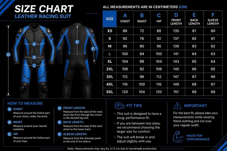 May include: A black and blue leather racing suit size chart with front and back views of the suit. The chart displays measurements in centimeters for chest, waist, hip, front length, back length, and sleeve length for sizes XS through 5XL.