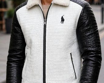 Men's Crocodile Embossed Leather Bomber Jacket – Sherpa Collar, Winter Flight Style
