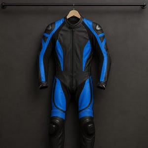 May include: A full-body motorcycle racing suit featuring a color-blocked design of black and vibrant blue panels. The suit includes a central front zipper, a mandarin-style collar, reinforced shoulder sections, and protective knee padding.