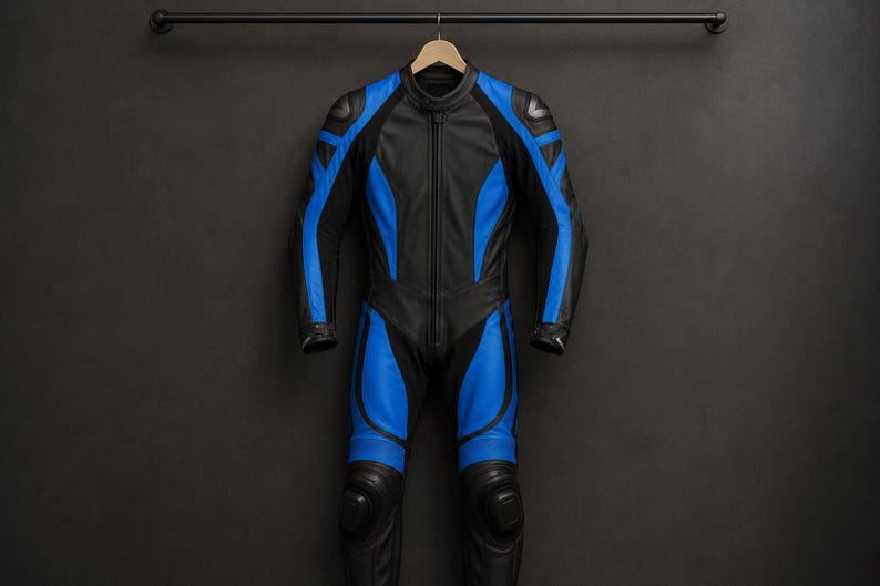 May include: A full-body motorcycle racing suit featuring a color-blocked design of black and vibrant blue panels. The suit includes a central front zipper, a mandarin-style collar, reinforced shoulder sections, and protective knee padding.