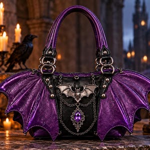 Puede incluir: Un bolso de mano morado y negro con grandes paneles laterales texturizados en forma de alas de murciélago, un emblema central de murciélago en tono plateado y una cadena plateada con un colgante de piedra preciosa morada.