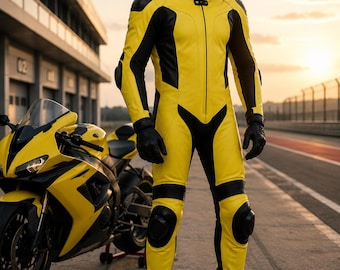 Custom Yellow Black 1-Piece Leather Motorcycle Racing Suit | R6 Inspired Track Jumpsuit | CE Approved Armor | Unisex Motorbike Suit