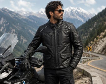 Men's Black Motorcycle Leather Jacket | Genuine Leather Touring Biker Jacket with Armor