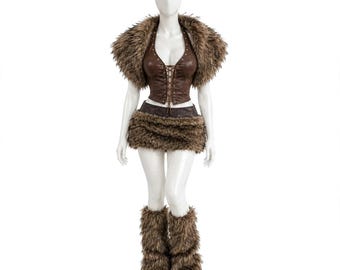 Genuine Sheep Leather Viking Costume Set – 5-Piece Warrior Outfit (Faux Fur Skirt, Corset Top)