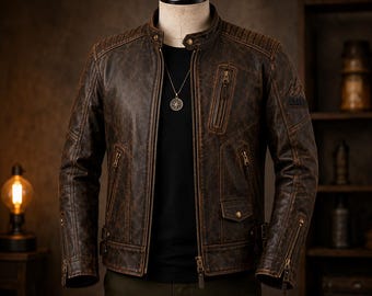 Vintage Distressed Brown Leather Jacket Men Cafe Racer Motorcycle Biker Genuine Leather Coat