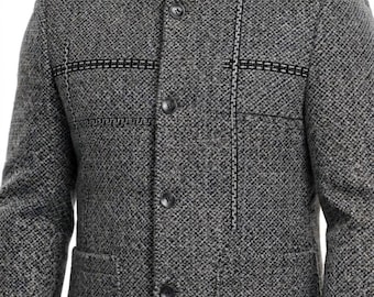 Mens Grey Tweed Tang Jacket: Mandarin Collar, Faux Fur Lined Winter Coat