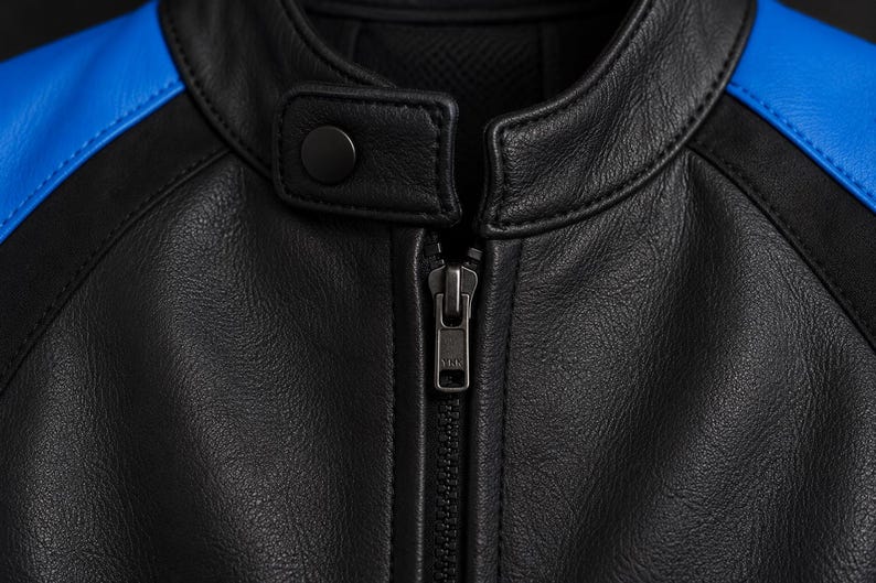 May include: A black leather jacket featuring a mandarin collar with a snap button closure and a central metal zipper. The shoulders are accented with vibrant blue leather panels that contrast against the primary black leather construction.