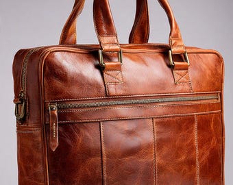 Leather Laptop Briefcase Mens Handmade Messenger Business Office Bag 15 inch
