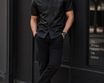 Men's Short Sleeve Genuine Leather Shirt | Real Cowhide Button Up Leather Shirt with Pocket | Black & Brown Leather Summer Shirt