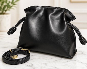 Soft Leather Drawstring Clutch Bag | Gold-Tone Hardware, Adjustable Strap