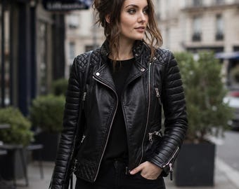 Women Quilted Leather Biker Jacket | Genuine Leather Jacket in Black, Brown, Red, Navy blue
