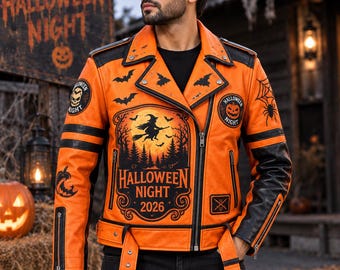 Halloween Night 2026 Orange Leather Biker Jacket | Witch Graphic, Bats, Spider Web (Unisex)