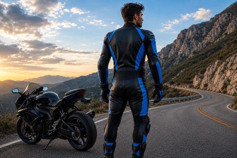 May include: A black and blue leather motorcycle suit featuring reinforced panels, long sleeves, and matching gloves, paired with a black sport motorcycle parked on the side of a winding mountain road during the golden hour of sunset.
