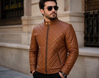 Diamond Quilted Biker Jacket for Men Tan Brown Black Winter