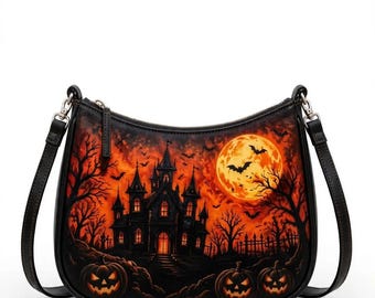 Haunted House Crossbody Bag | Gothic Pumpkin Purse (PU Leather)