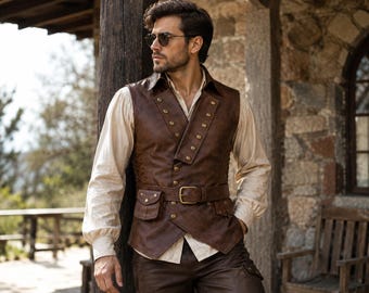 Men's Brown Vintage Leather Vest | Real Leather Pirate Vest | Steampunk Waistcoat with Buckles | Western Leather Vest