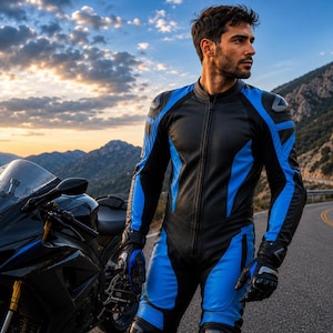 May include: A black and blue leather motorcycle suit featuring a full-length front zipper, protective shoulder padding, and matching black and blue gloves, worn while standing next to a black sport motorcycle on a winding mountain road.